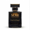 Black perfume bottle with gold text on a white background