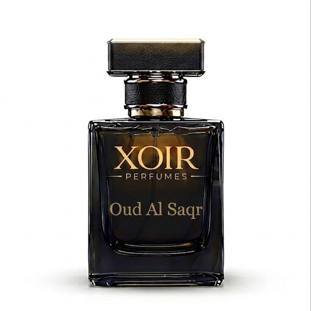 Black perfume bottle with gold text on a white background
